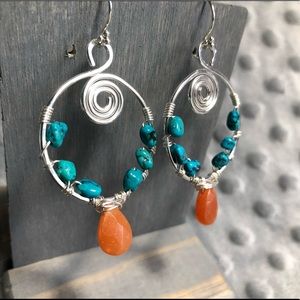 Sterling Silver Swirl Hoops with Turquoise